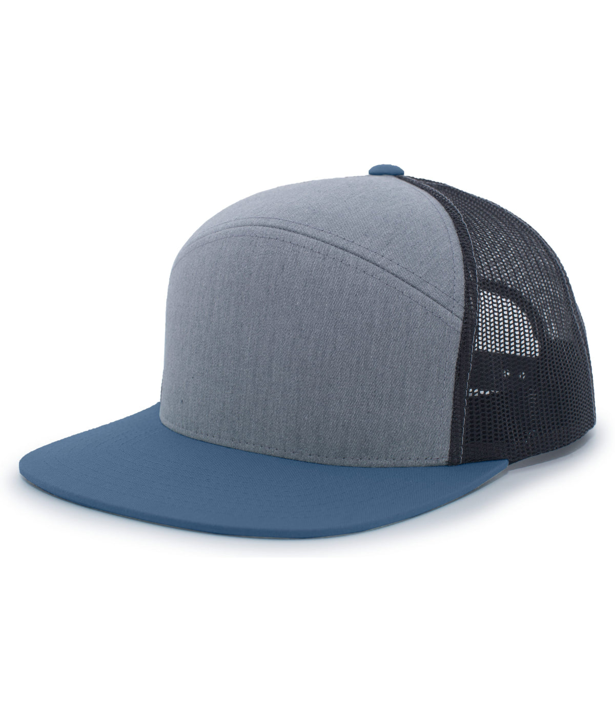 6-Panel Arch Trucker Snapback Cap - Heather Grey/Slate Blue