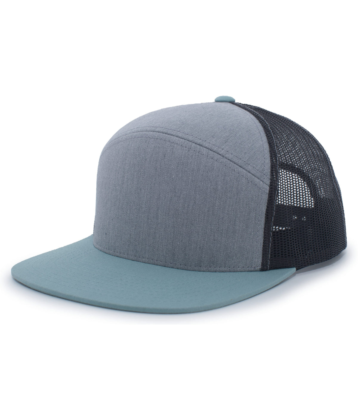 6-Panel Arch Trucker Snapback Cap - Heather Grey/Smoke Blue