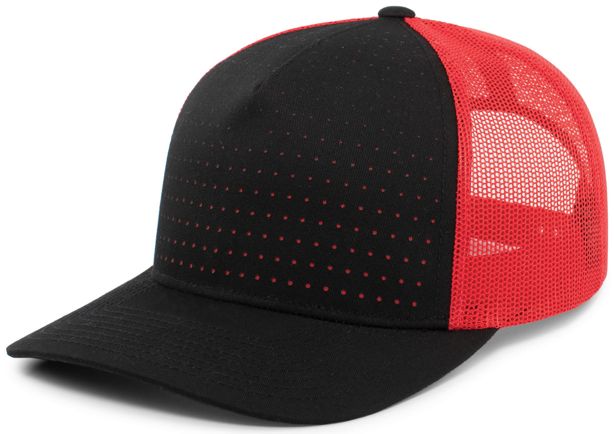 Perforated 5-Panel Trucker Snapback Cap - Black/Red/Black