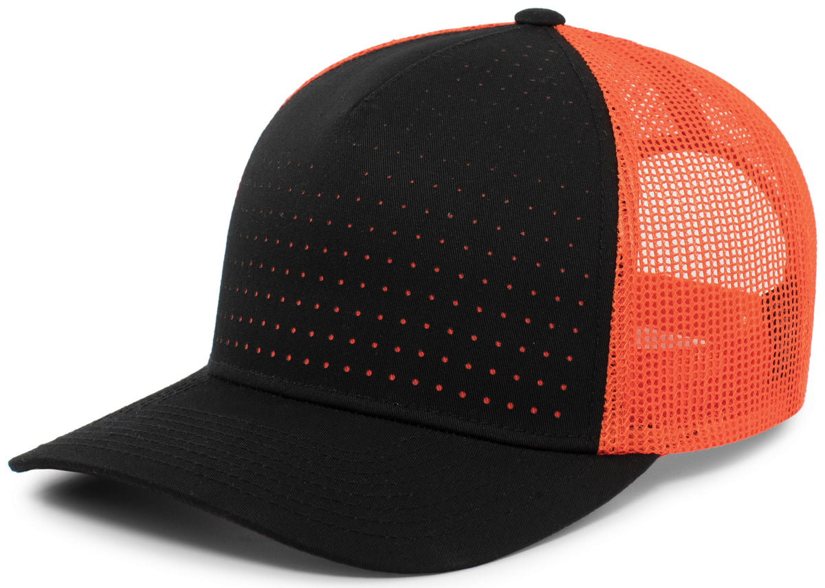 Perforated 5-Panel Trucker Snapback Cap - Black/Orange/Black