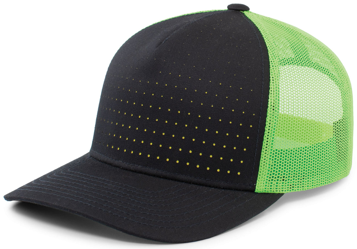 Perforated 5-Panel Trucker Snapback Cap - Navy/Neon Green/Navy