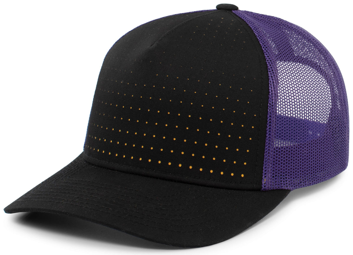 Perforated 5-Panel Trucker Snapback Cap - Black/Purple/Gold