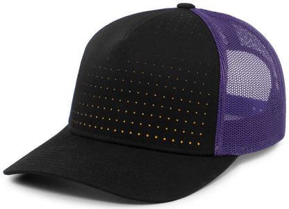 Perforated 5-Panel Trucker Snapback Cap - Black/Purple/Gold