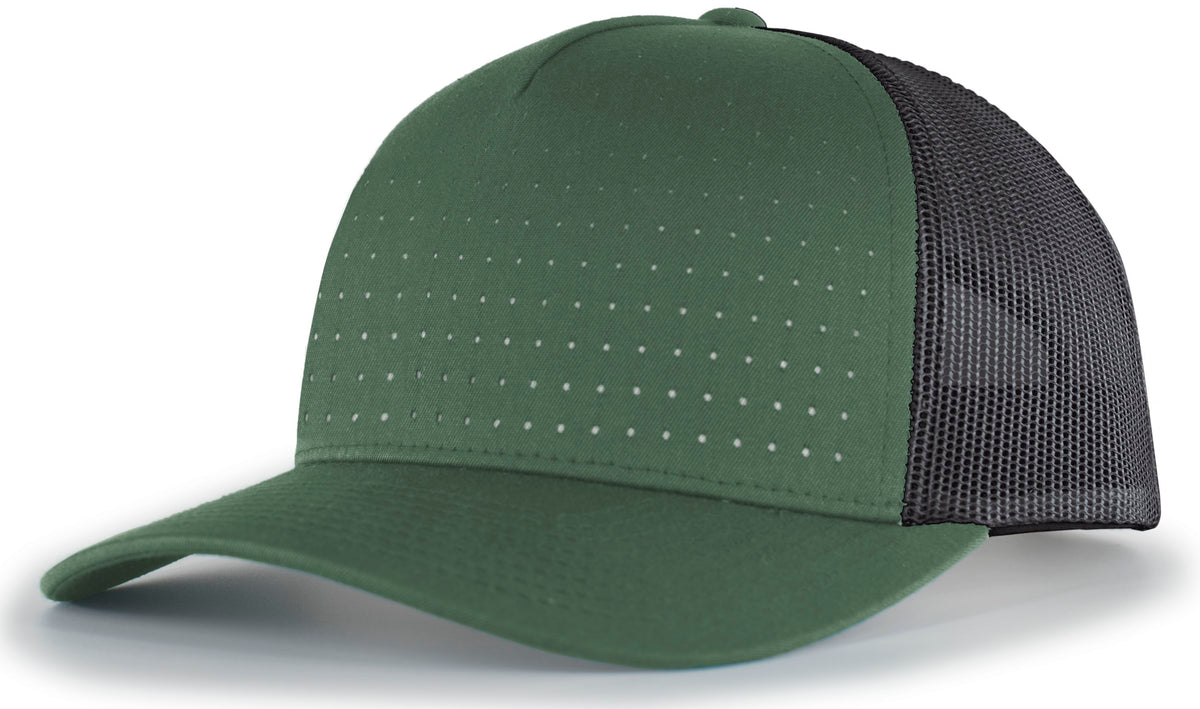 Perforated 5-Panel Trucker Snapback Cap - Army/Light Charcoal/White