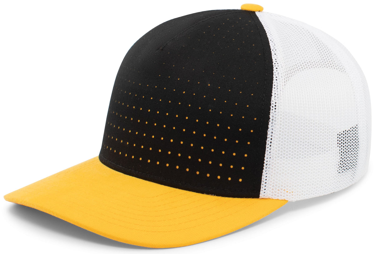 Perforated 5-Panel Trucker Snapback Cap - Black/White/Gold