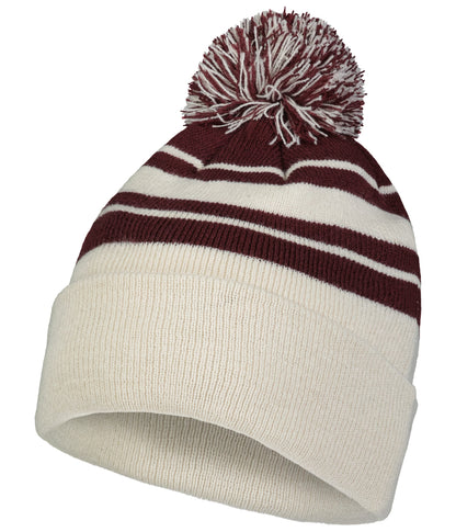 Knit Fold Over Pom-Pom Beanie - Oat/Maroon