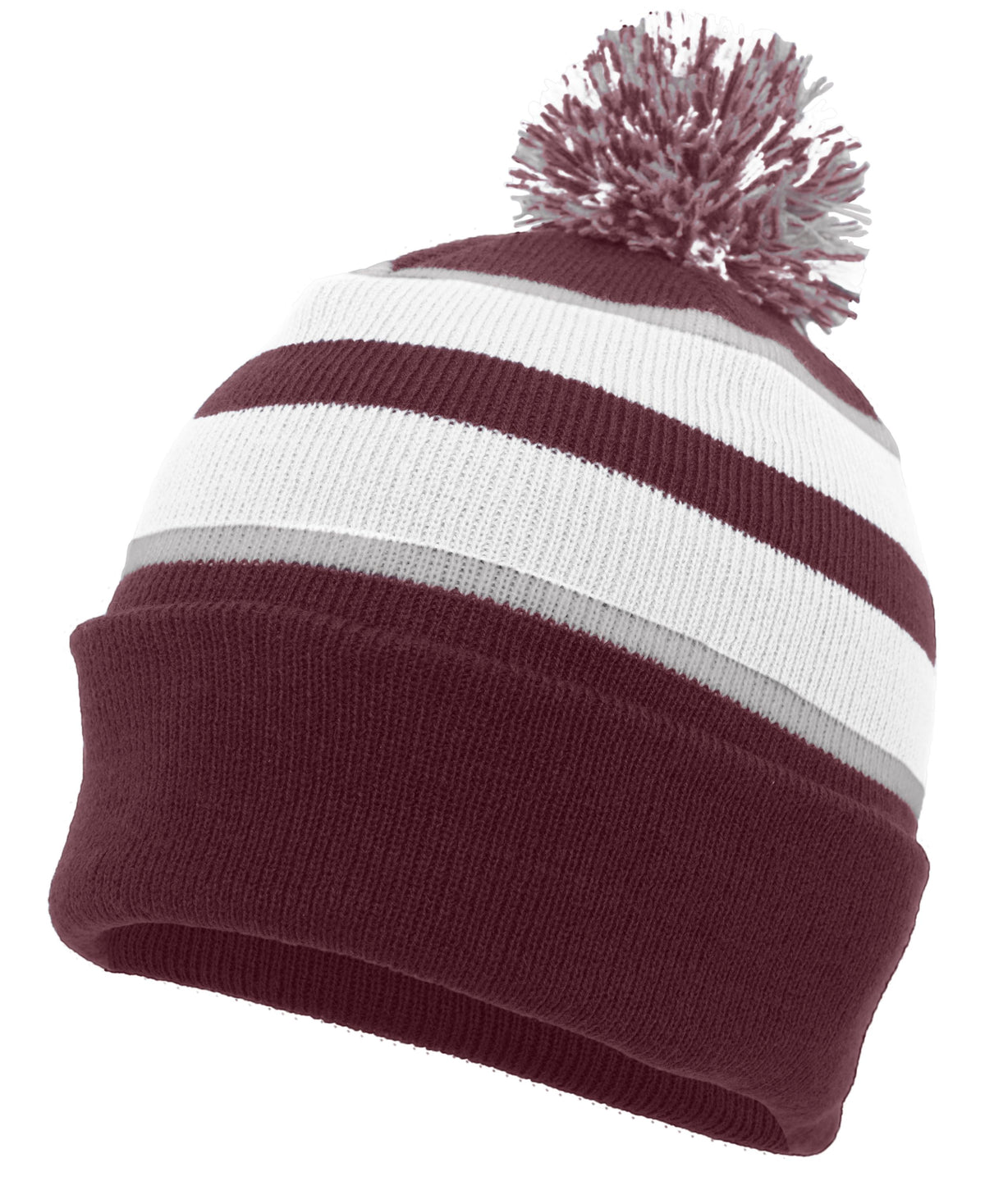 Knit Fold Over Pom-Pom Beanie - Maroon/White/Silver
