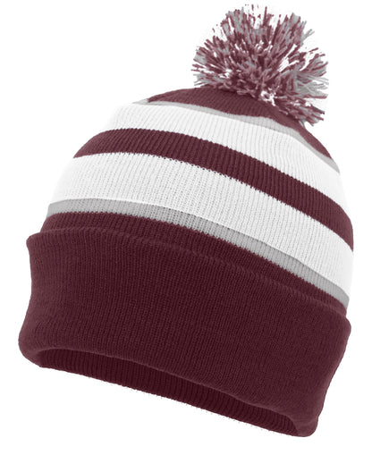 Knit Fold Over Pom-Pom Beanie - Maroon/White/Silver