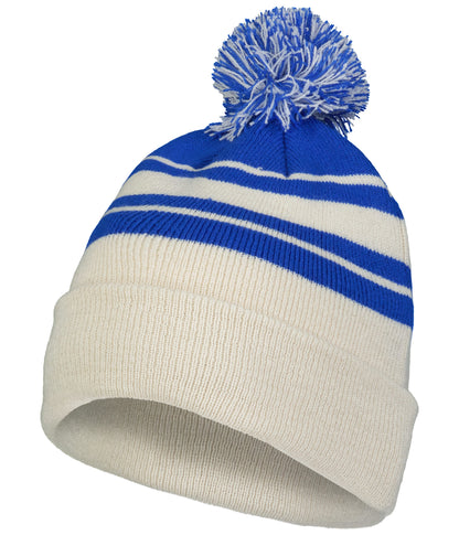 Knit Fold Over Pom-Pom Beanie - Oat/Royal