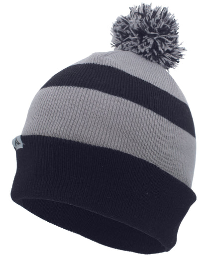 Knit Fold Over Pom-Pom Beanie - Navy/Silver/Navy