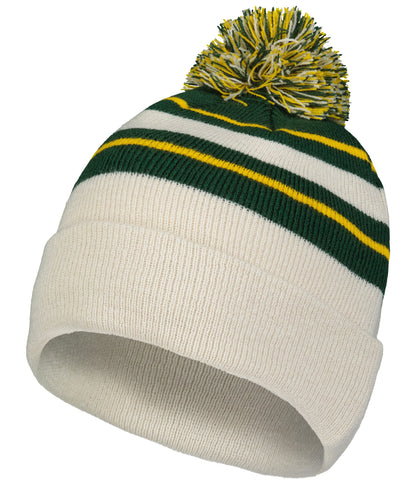 Knit Fold Over Pom-Pom Beanie - Oat/Dark Green/Gold