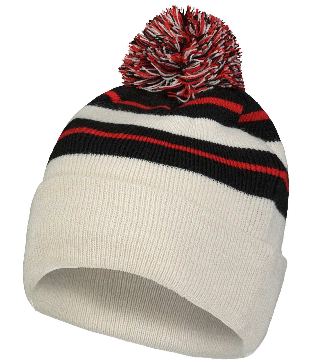 Knit Fold Over Pom-Pom Beanie - Oat/Black/Red
