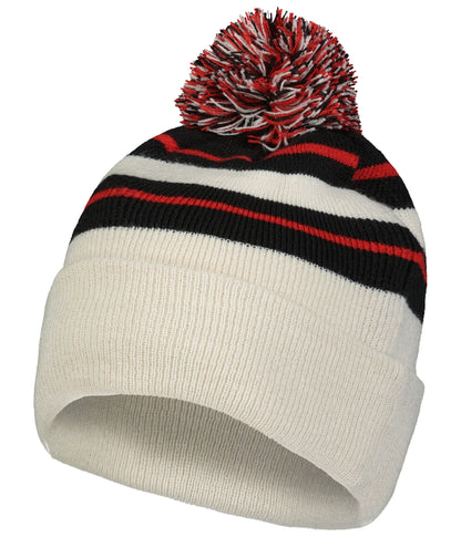 Knit Fold Over Pom-Pom Beanie - Oat/Black/Red