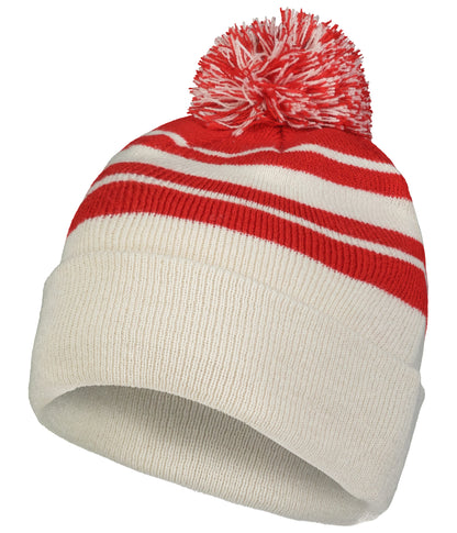 Knit Fold Over Pom-Pom Beanie - Oat/Red