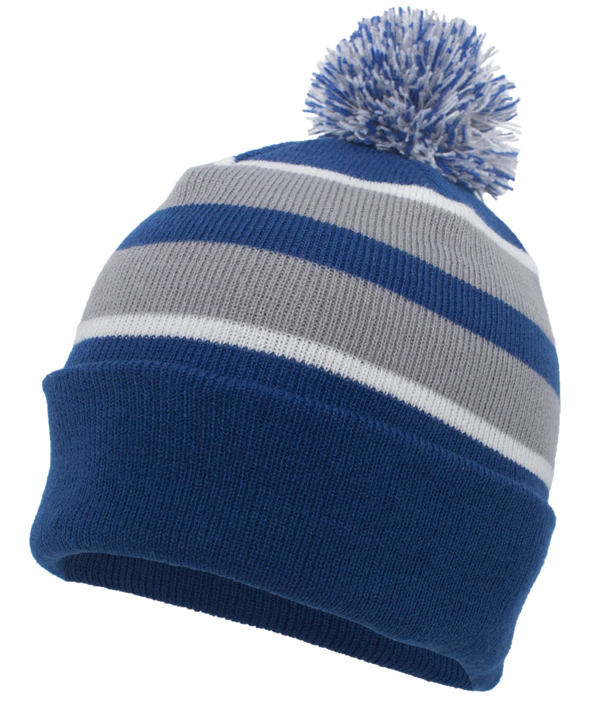 Knit Fold Over Pom-Pom Beanie - Royal/Silver/White