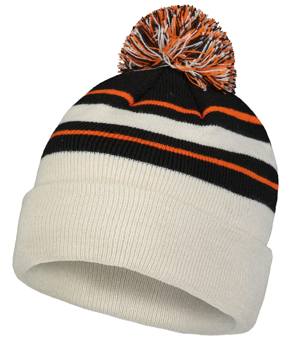 Knit Fold Over Pom-Pom Beanie - Oat/Black/Orange