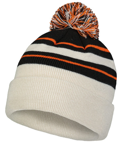 Knit Fold Over Pom-Pom Beanie - Oat/Black/Orange