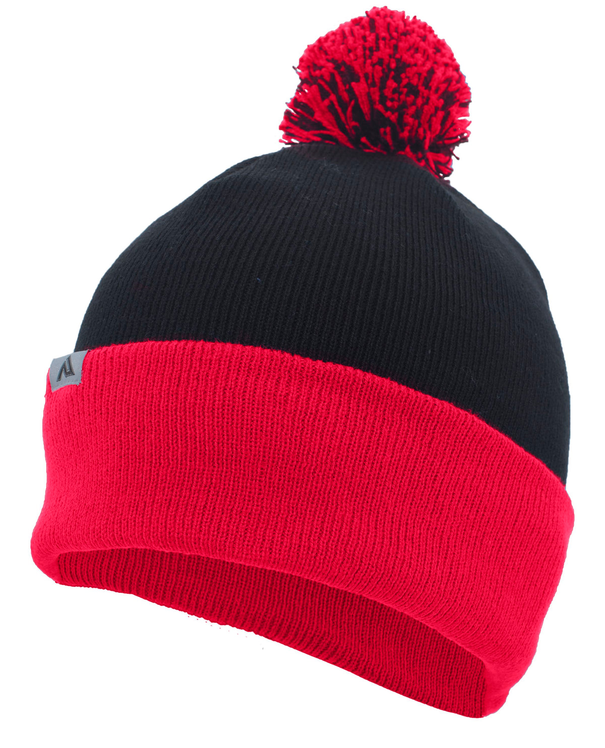 Knit Fold Over Pom-Pom Beanie - Black/Red