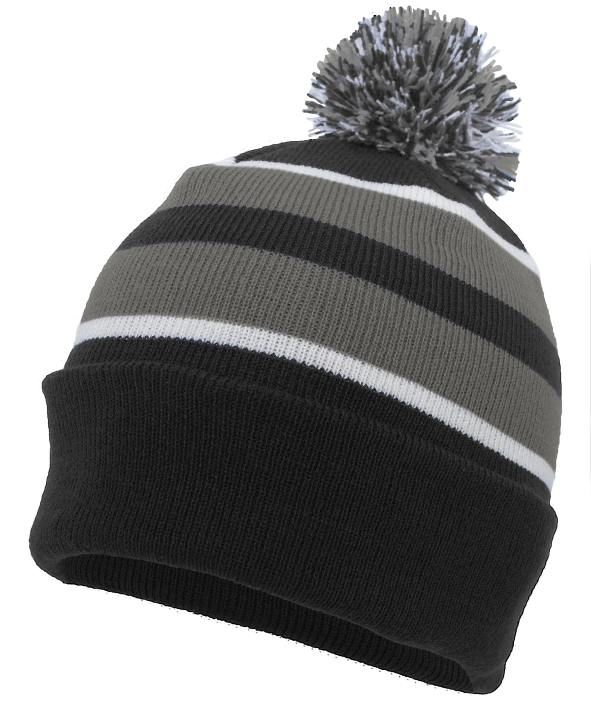 Knit Fold Over Pom-Pom Beanie - Black/Graphite/White
