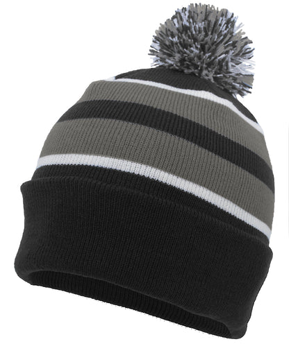 Knit Fold Over Pom-Pom Beanie - Black/Graphite/White