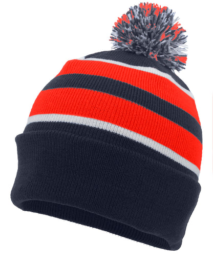 Knit Fold Over Pom-Pom Beanie - Navy/Red/White