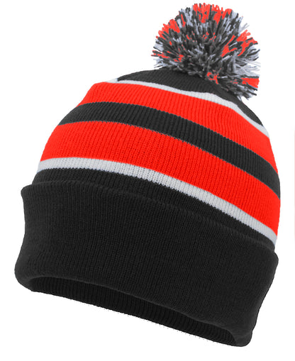 Knit Fold Over Pom-Pom Beanie - Black/Red/White