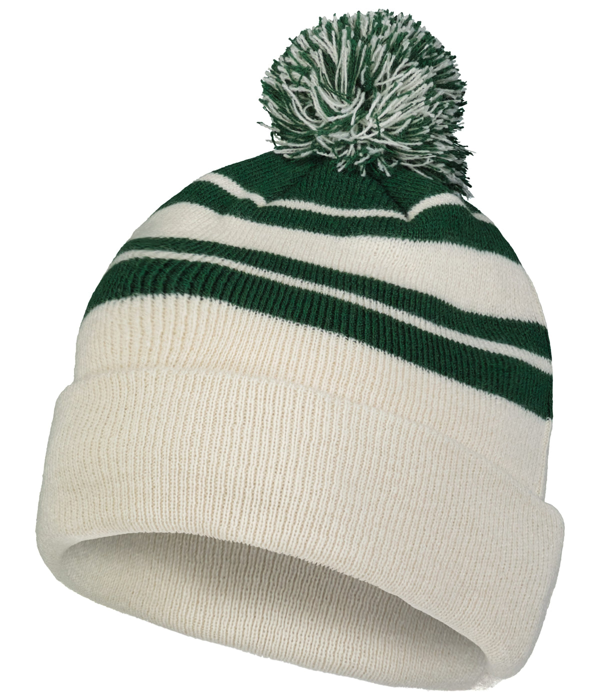 Knit Fold Over Pom-Pom Beanie - Oat/Dark Green