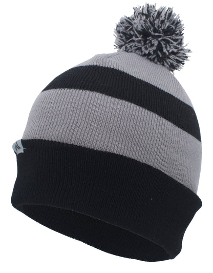 Knit Fold Over Pom-Pom Beanie - Black/Silver/Black
