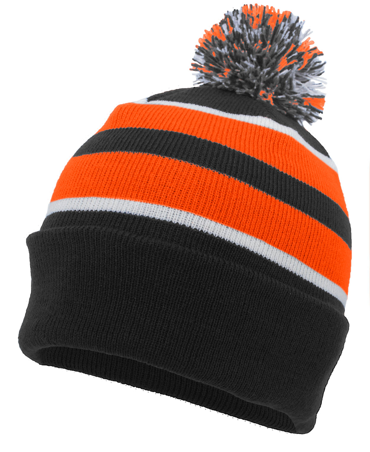 Knit Fold Over Pom-Pom Beanie - Black/Orange/White