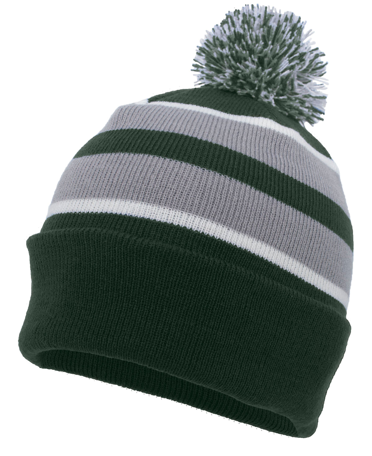 Knit Fold Over Pom-Pom Beanie - Dark Green/Silver/White