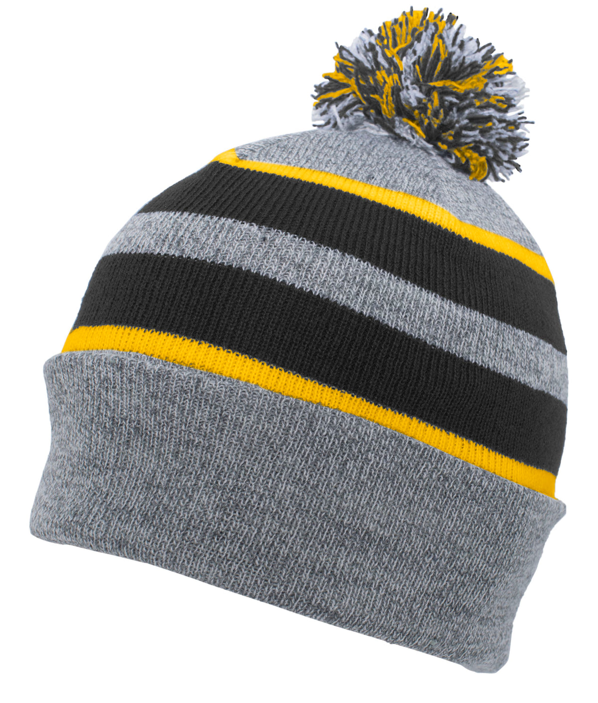 Knit Fold Over Pom-Pom Beanie - Heather/Black/Gold