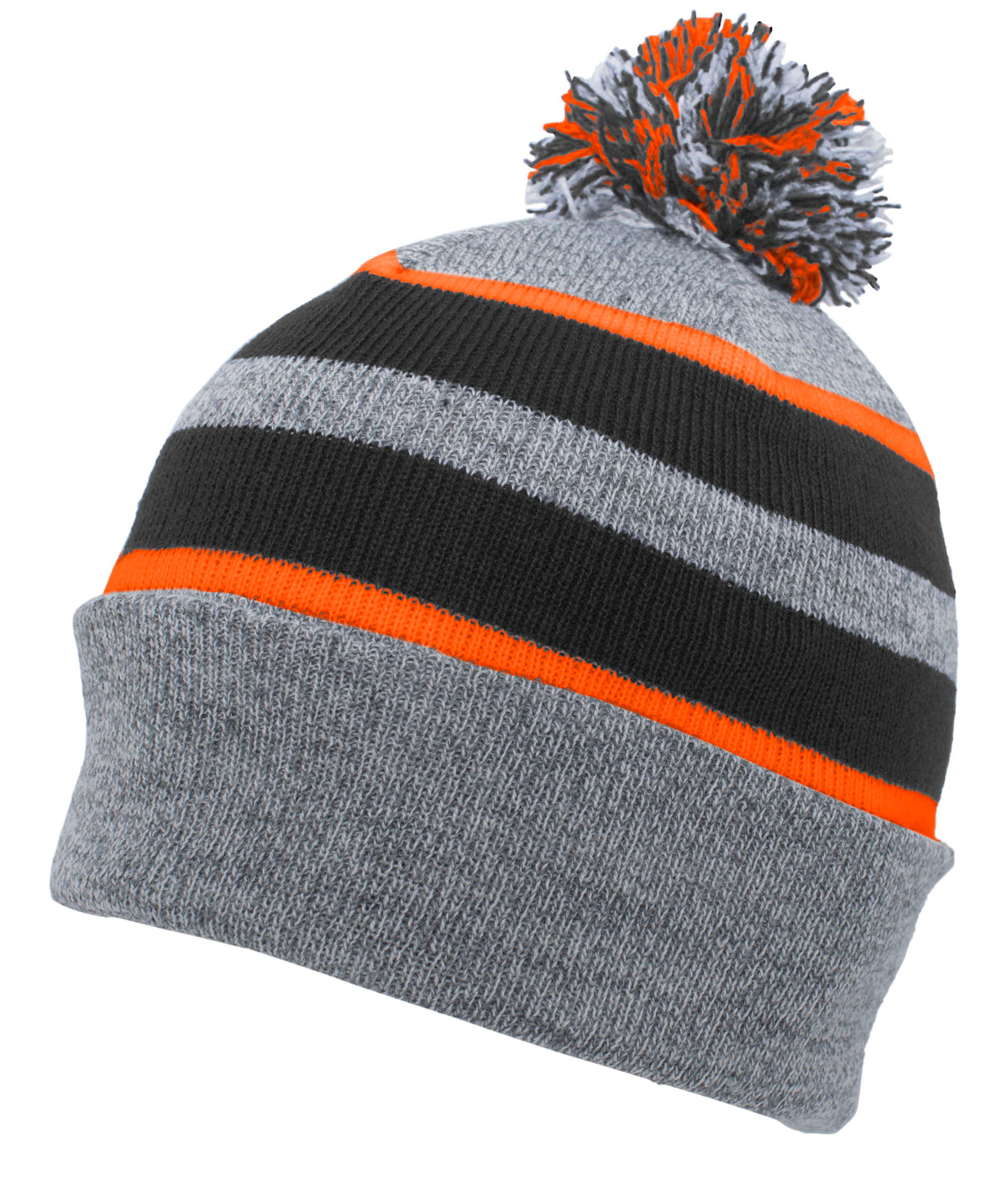 Knit Fold Over Pom-Pom Beanie - Heather/Black/Orange