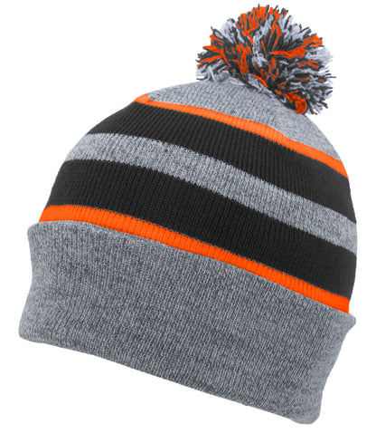 Knit Fold Over Pom-Pom Beanie - Heather/Black/Orange