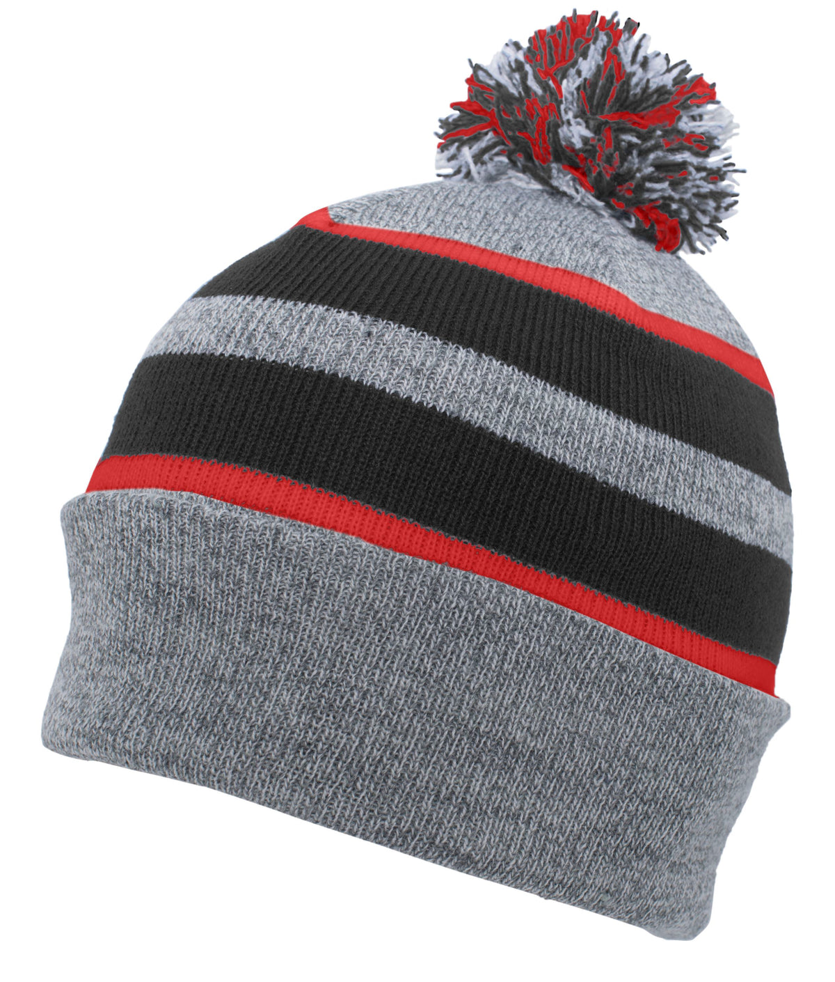 Knit Fold Over Pom-Pom Beanie - Heather/Black/Red