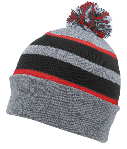 Knit Fold Over Pom-Pom Beanie - Heather/Black/Red