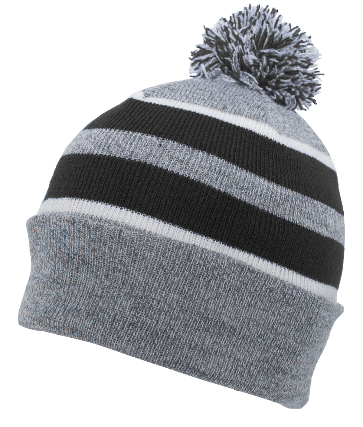 Knit Fold Over Pom-Pom Beanie - Heather/Black/White