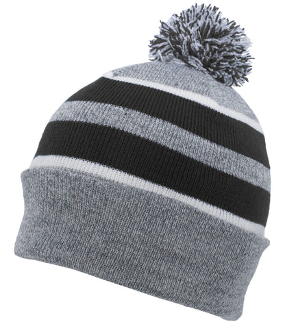Knit Fold Over Pom-Pom Beanie - Heather/Black/White