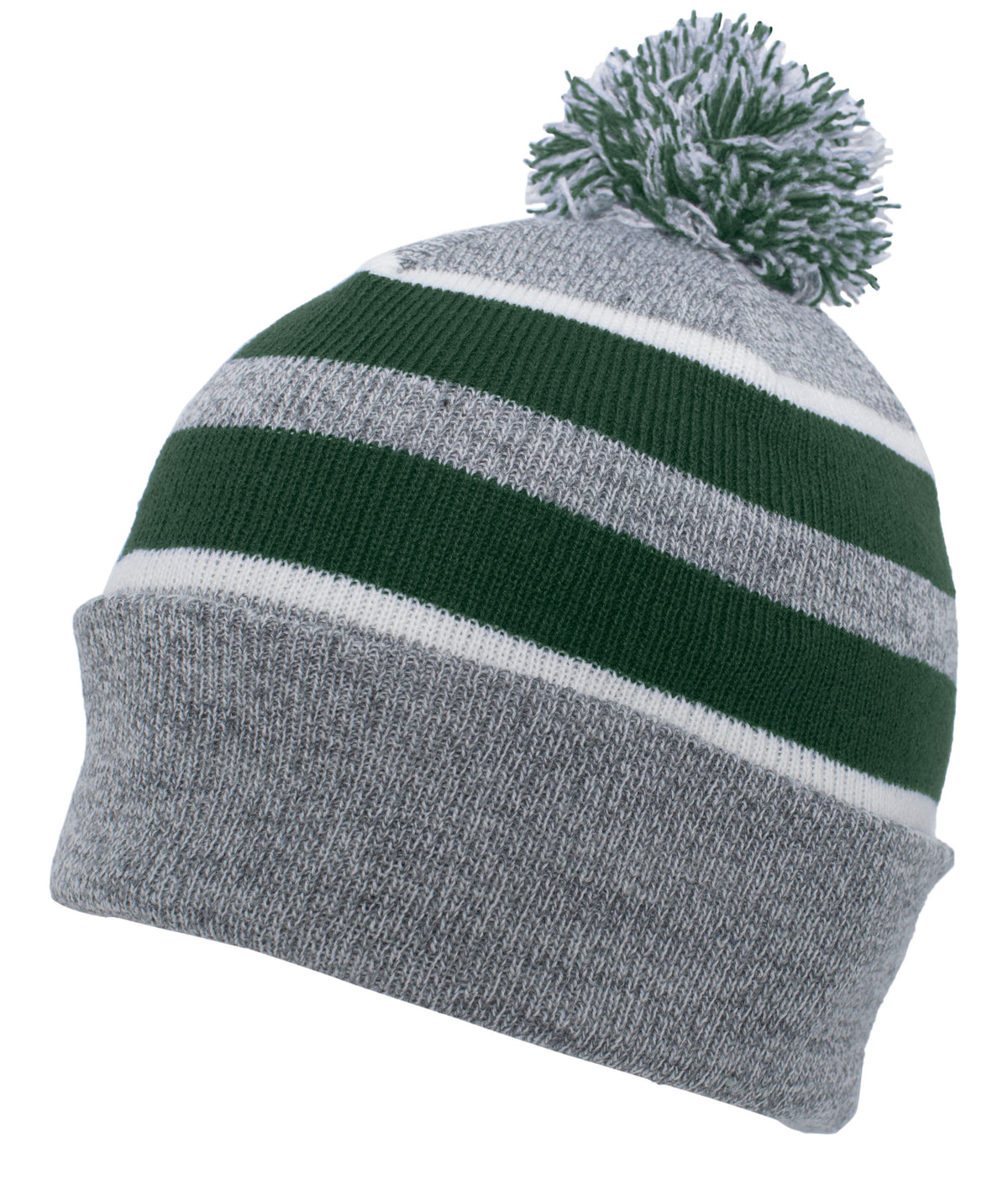 Knit Fold Over Pom-Pom Beanie - Heather/Dark Green/White