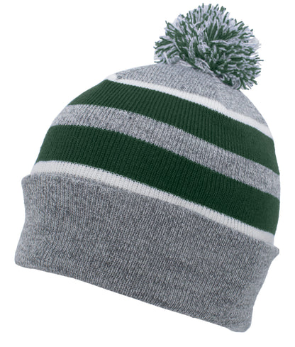 Knit Fold Over Pom-Pom Beanie - Heather/Dark Green/White