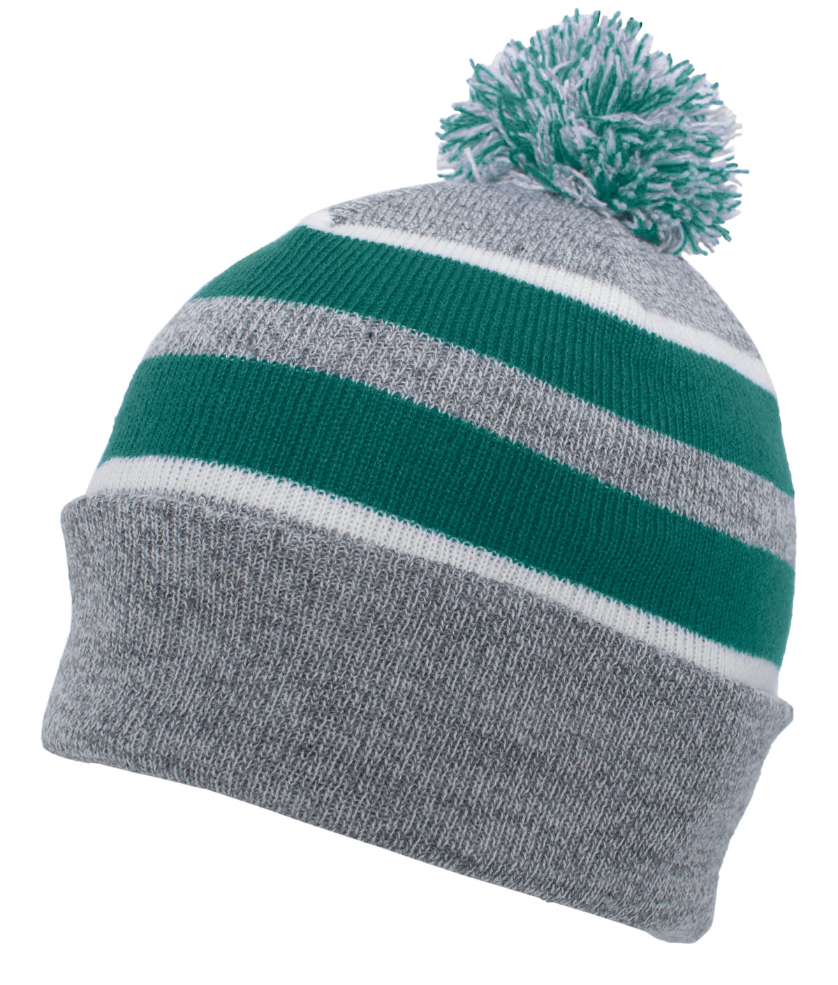 Knit Fold Over Pom-Pom Beanie - Heather/Kelly/White