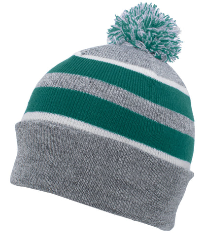 Knit Fold Over Pom-Pom Beanie - Heather/Kelly/White