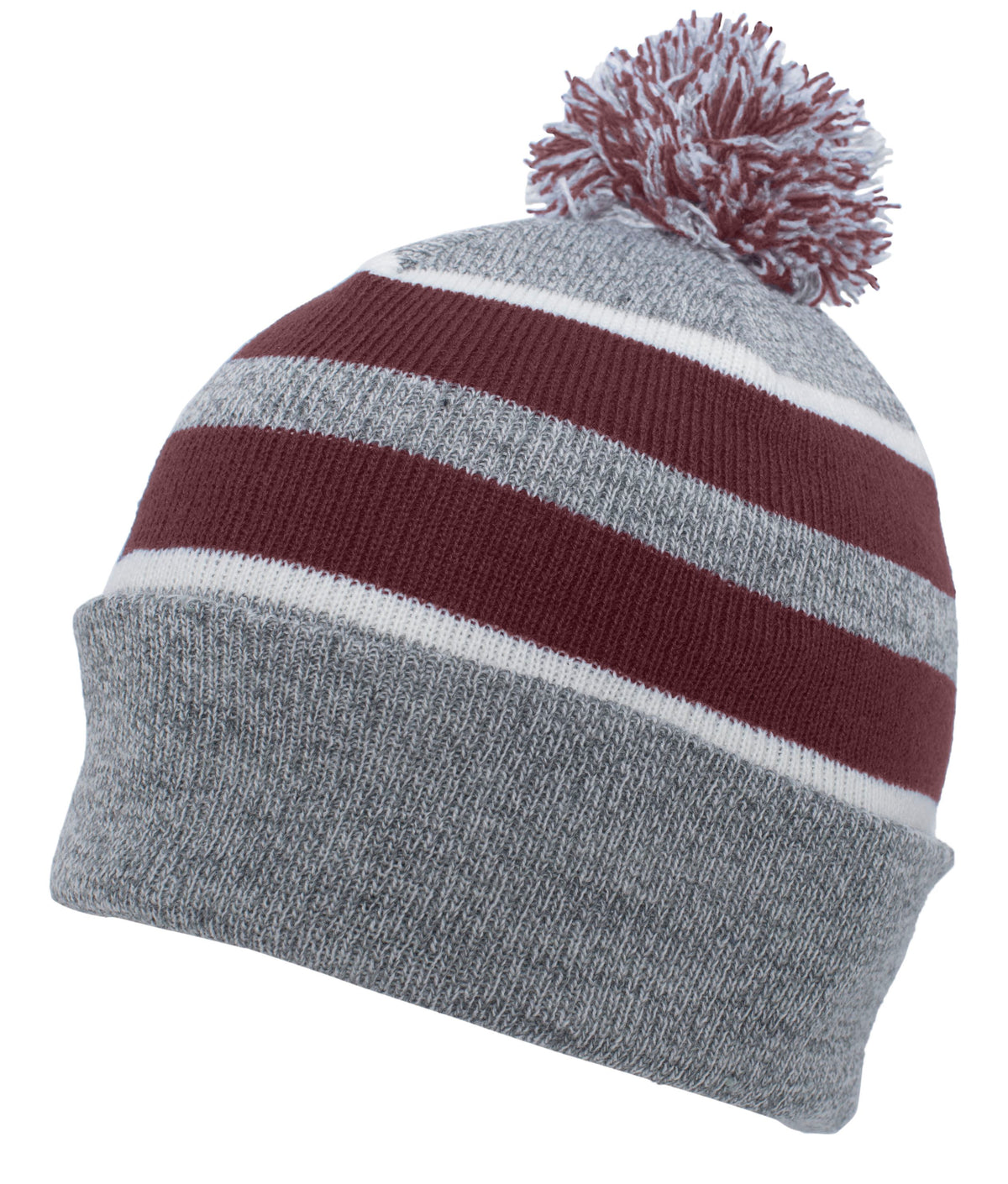 Knit Fold Over Pom-Pom Beanie - Heather/Maroon/White