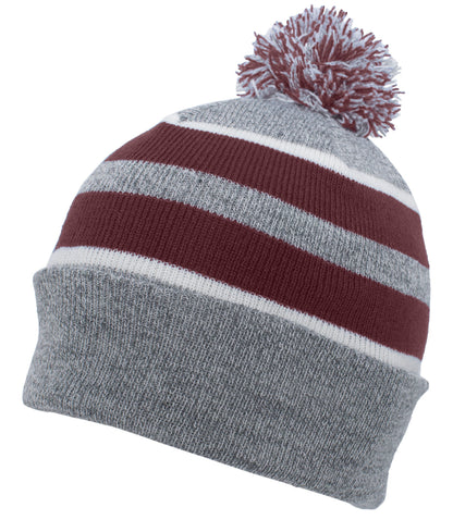 Knit Fold Over Pom-Pom Beanie - Heather/Maroon/White