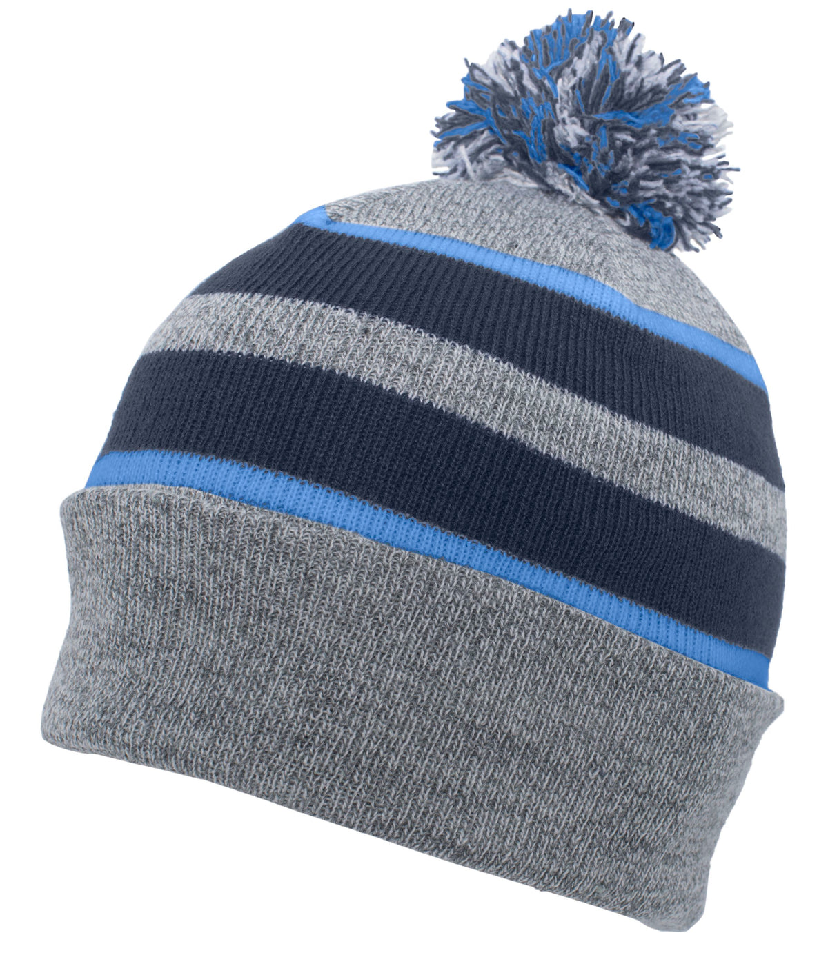 Knit Fold Over Pom-Pom Beanie - Heather/Navy/Columbia Blue