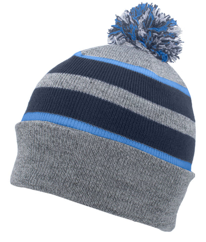 Knit Fold Over Pom-Pom Beanie - Heather/Navy/Columbia Blue