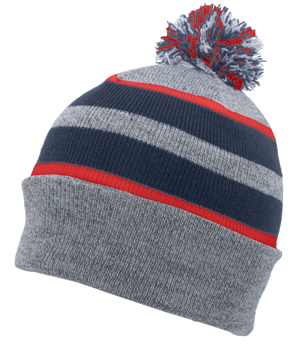 Knit Fold Over Pom-Pom Beanie - Heather/Navy/Red