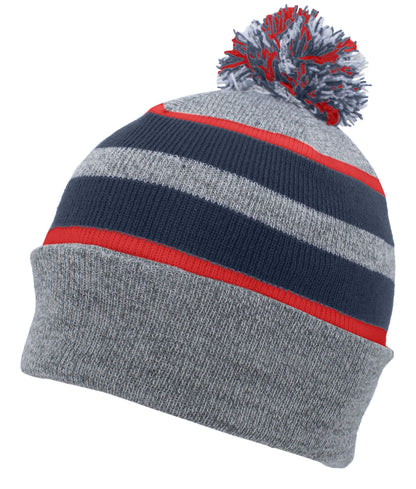 Knit Fold Over Pom-Pom Beanie - Heather/Navy/Red