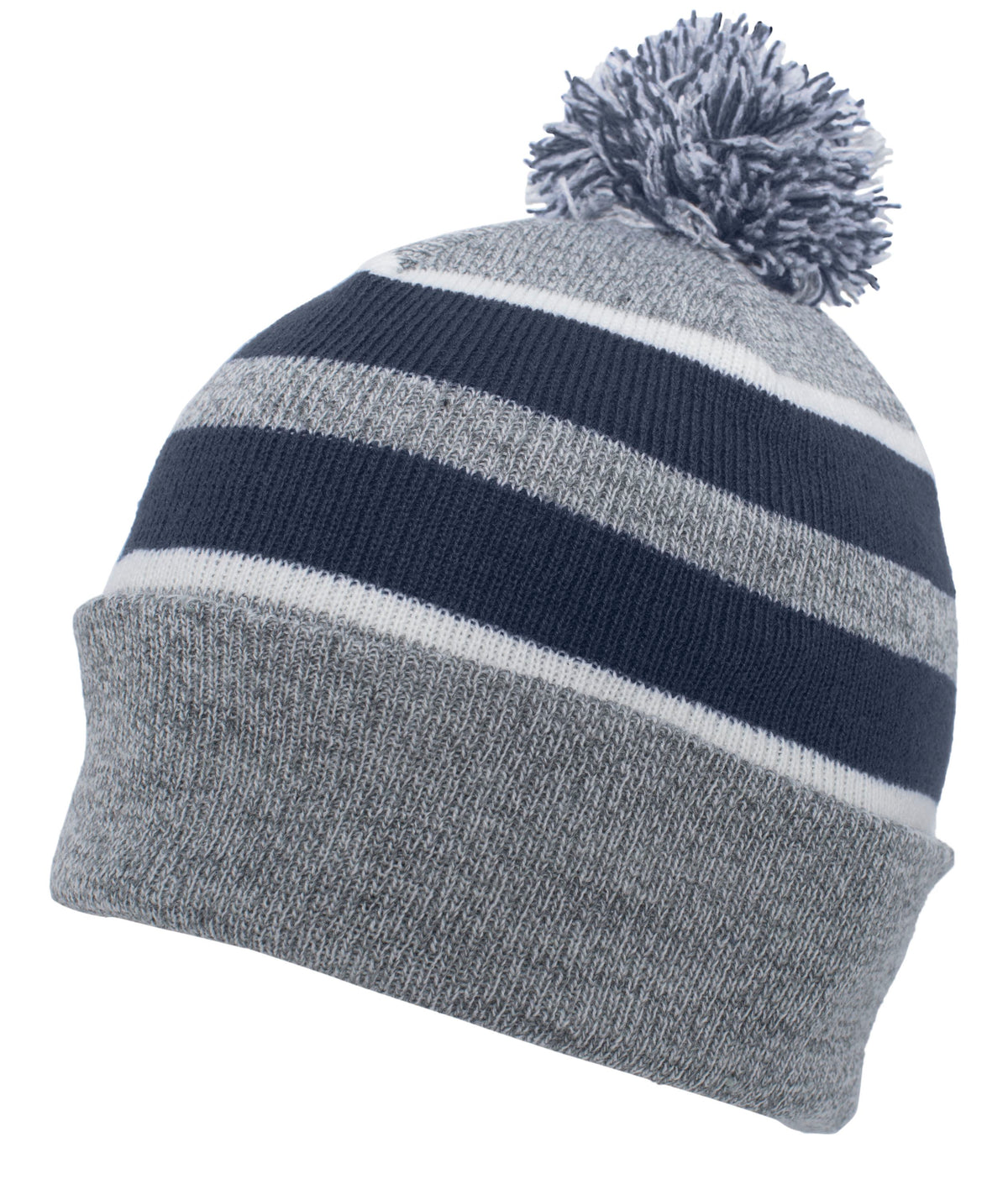 Knit Fold Over Pom-Pom Beanie - Heather/Navy/White