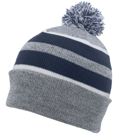 Knit Fold Over Pom-Pom Beanie - Heather/Navy/White