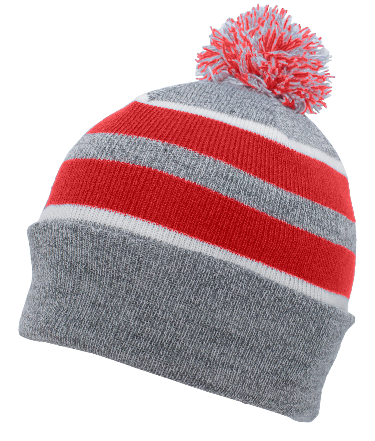 Knit Fold Over Pom-Pom Beanie - Heather/Red/White